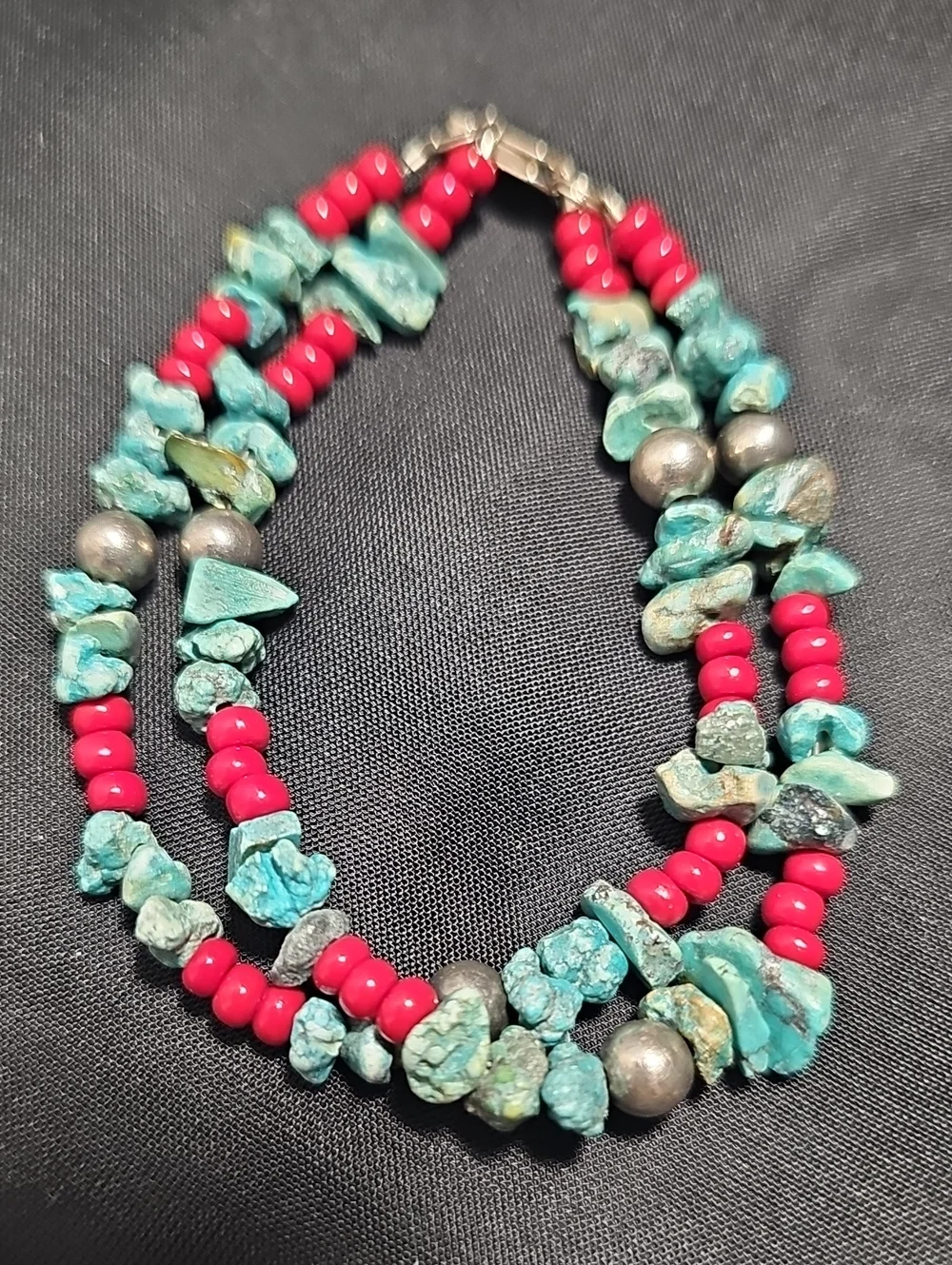 Turquoise Chip & Red Bead Double-Strand Bracelet